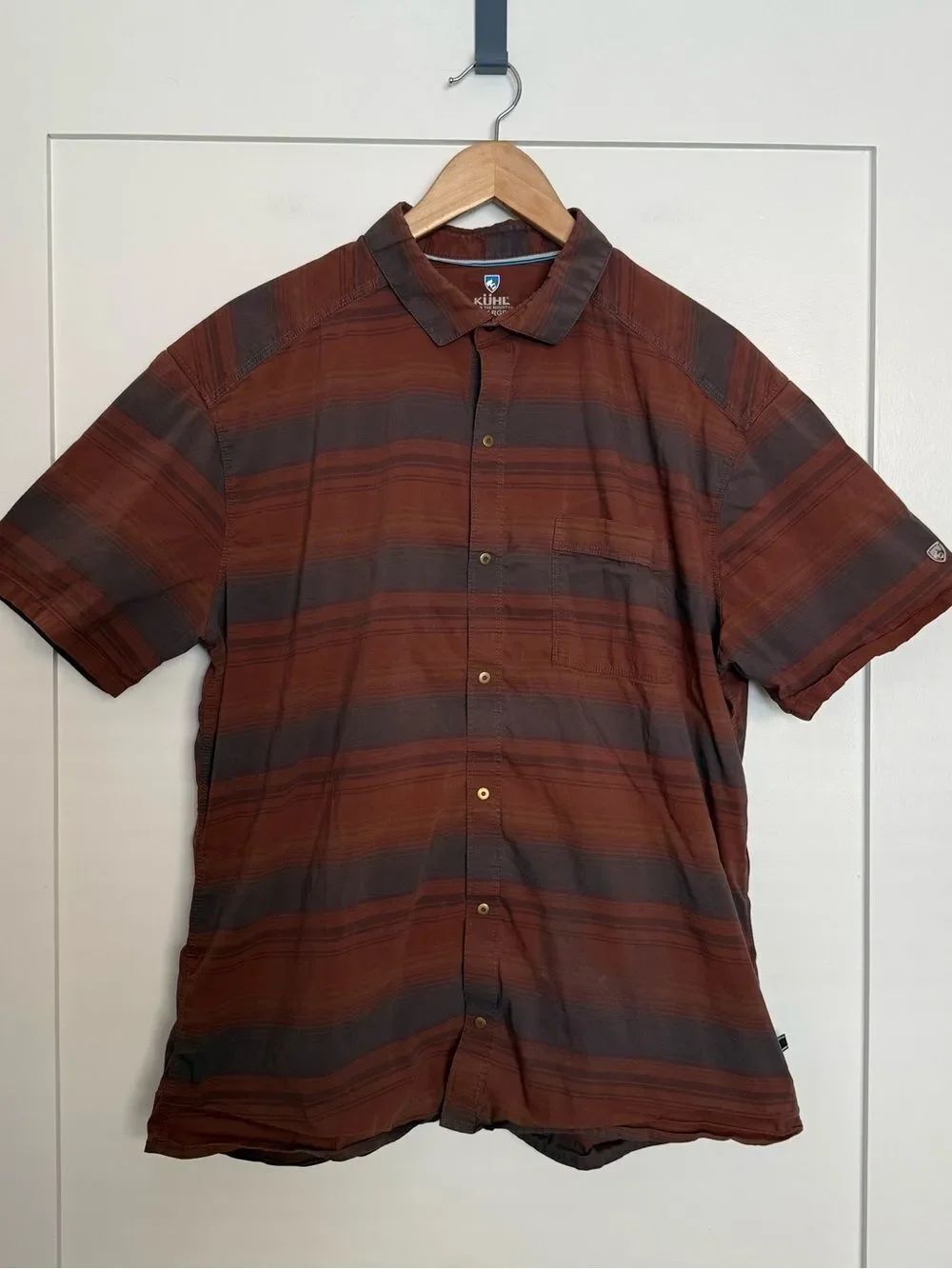 KUHL Shirt Mens Sz XL Brown Striped Short Sleeve Snap Button Up Casual Outdoor